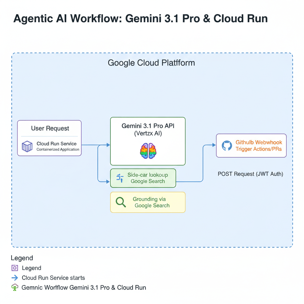 Gemini 3.1 Pro Is Google’s “Wait and See” Gamble to Kill GPT-5 – AI Agent architecture diagram using Gemini 3.1 Pro Vertex AI and Google Cloud Functions