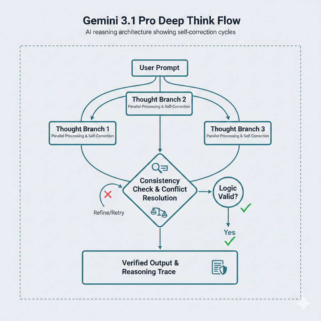 Gemini 3.1 Pro Is Google’s “Wait and See” Gamble to Kill GPT-5 – Gemini 3.1 Pro Deep Think reasoning workflow diagram showing self correction cycles